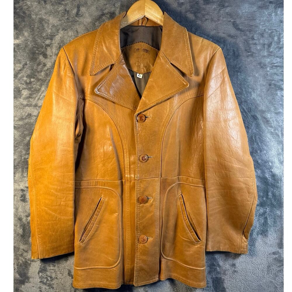 True Vintage x 1970s x Harry Gordon Boston Tan Leather Car MOD Jacket Men’s 42L